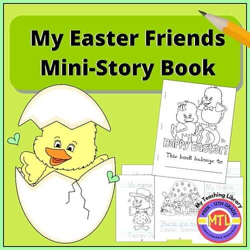 Colorful cover of "My Easter Friends Mini-Story Book" featuring a cute chick hatching from an egg, perfect for homeschool Easter activities and early literacy.