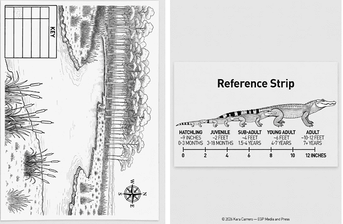 Reptile growth chart illustrating different stages from hatchling to adult, including length measurements and age ranges for each stage, featuring a detailed crocodile illustration.