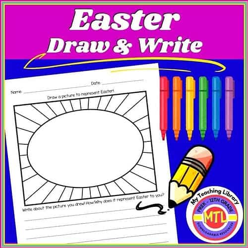 Easter Draw & Write Activity Easter-themed draw and write worksheet for kids, featuring a large oval for drawing and lines for writing about Easter, ideal for homeschool learning.