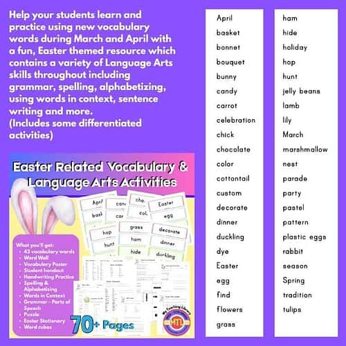 Engaging Easter-themed vocabulary and language arts activities designed for homeschool students, including grammar, spelling, sentence writing, and alphabetizing exercises.