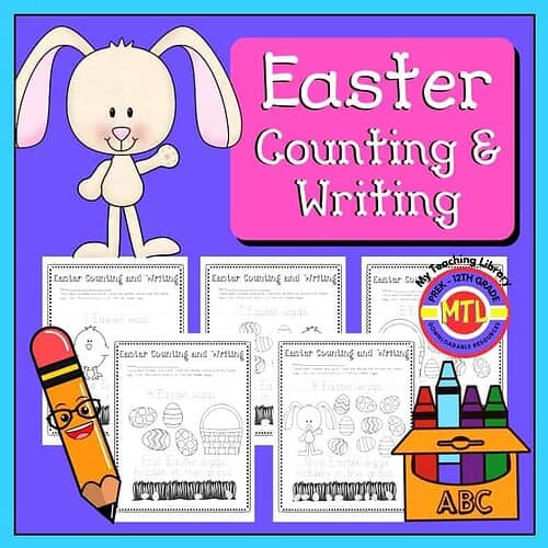 Easter Counting & Writing Easter counting and writing activity for homeschool, featuring printable worksheets with Easter eggs, bunnies, and educational exercises for preschool and kindergarten students.