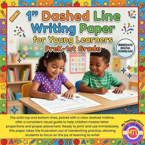 Homeschool Dashed Line Writing Paper for Kids Bright and engaging dashed line writing paper designed for preschool and early elementary students to practice handwriting skills and letter formation.