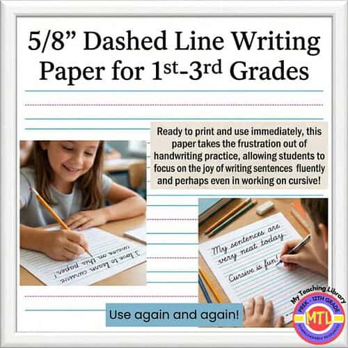 Bright, easy-to-use dashed line writing paper designed for 1st-3rd grade students to improve handwriting skills. Perfect for homeschool and classroom use.