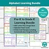 Comprehensive alphabet learning bundle for preschool and kindergarten homeschoolers, including printable flash cards, play dough mats, and craft recipes for engaging early literacy activities.