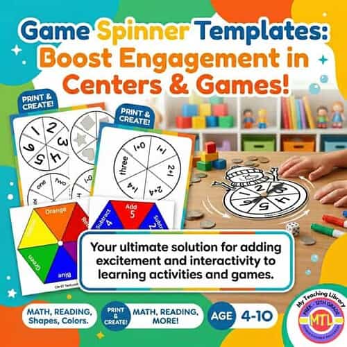 Homeschool spinner templates for interactive learning activities and games for children aged 4-10, designed to boost engagement in centers and homeschool settings.