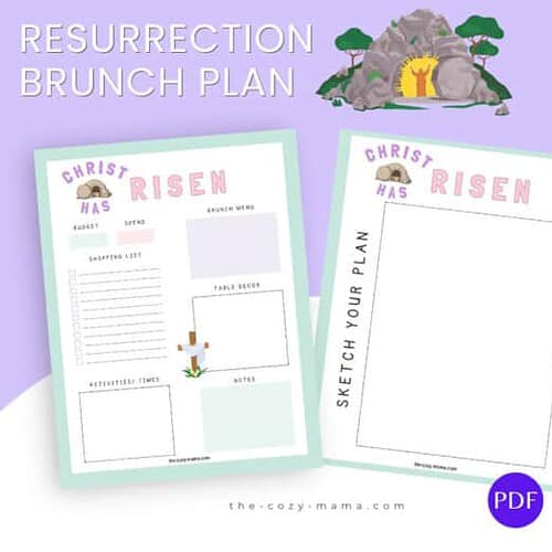 Homeschool Resource Co. resurrection brunch planning sheets with activity list, shopping list, and space for notes, designed for homeschooling families.