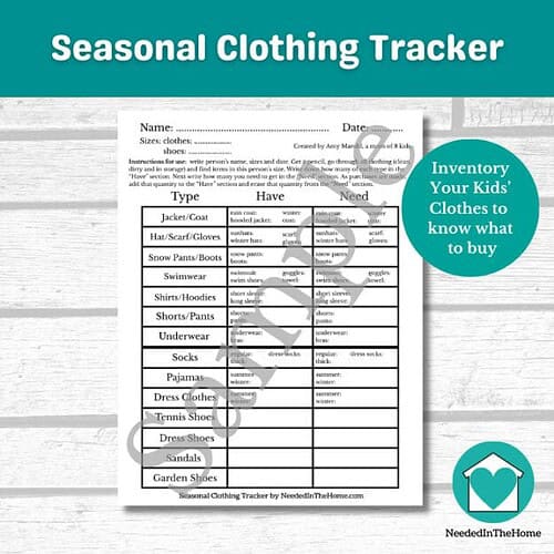Printable seasonal clothing tracker for homeschooling families to organize kids' wardrobe needs across seasons. Perfect for tracking clothing items like jackets, shoes, and accessories.