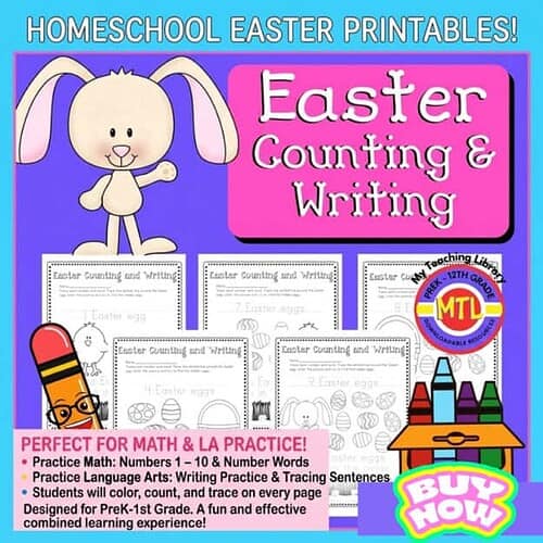 Printable Easter counting and writing worksheets for homeschool, perfect for math and language arts practice for preschool and kindergarten students.