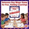 Veterans Day Bingo Game for Kids Children playing Veterans Day Bingo game with patriotic themed cards, celebrating Veterans Day through fun holiday learning activities for kids.