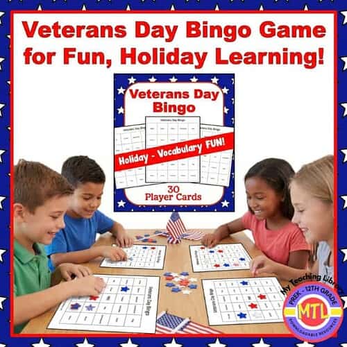 Veterans Day Bingo Game for Kids Children playing Veterans Day Bingo game with patriotic themed cards, celebrating Veterans Day through fun holiday learning activities for kids.