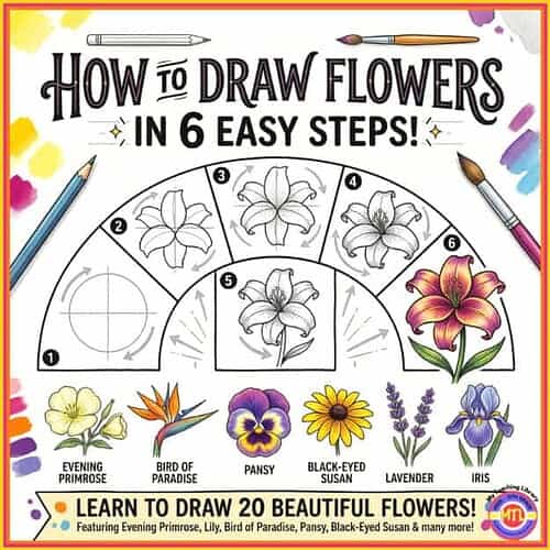 Drawing Flowers Step-by-Step Guide for Kids and Beginners Easy 6-step flower drawing tutorial for kids and beginners, featuring colorful illustrations of various flowers like lily, pansy, and lavender.
