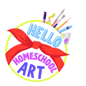 Colorful homeschool art logo featuring art supplies and a "Hello" message, ideal for homeschooling resources and creative learning activities.