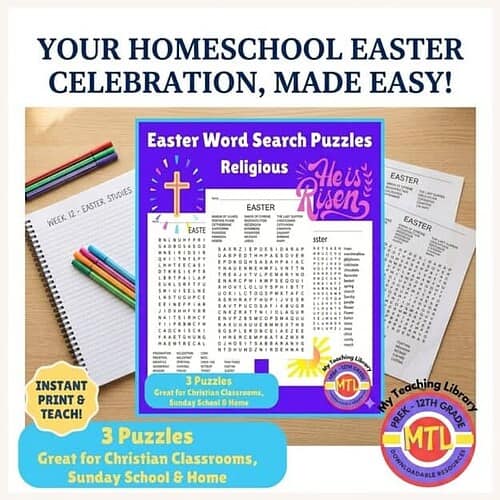 Homeschool Easter celebration materials including word search puzzles, printable activities, and religious educational resources for Christian classrooms, Sunday school, and home use.
