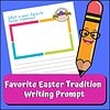 Easter Tradition Writing Prompt for Homeschoolers Fun Easter tradition writing prompt featuring a colorful pencil character and a space for children to share their favorite Easter tradition. Perfect for homeschool activities and educational resources.