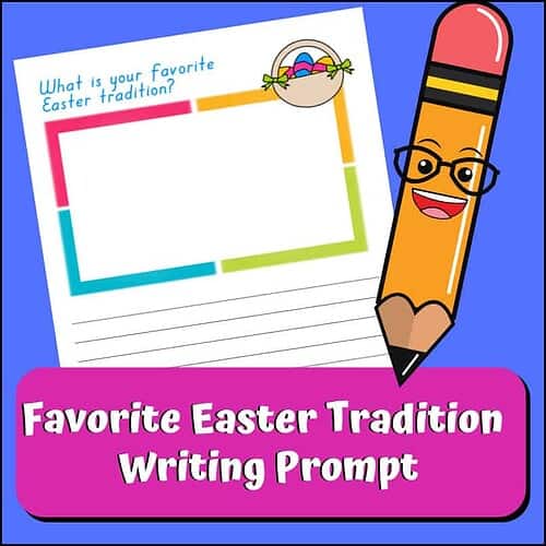 Fun Easter tradition writing prompt featuring a colorful pencil character and a space for children to share their favorite Easter tradition. Perfect for homeschool activities and educational resources.