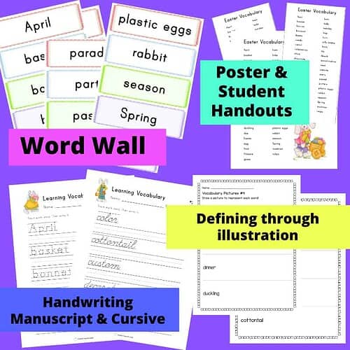 Easter Vocabulary and Language Arts Activities Easter vocabulary word wall and student handouts for language arts activities, including handwriting, defining through illustrations, and vocabulary practice.