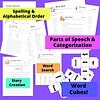 Easter Language Arts Activities for Homeschooling Easter vocabulary, grammar, and language arts activities for homeschool students, including word work, categorization, story creation, and word cubes.