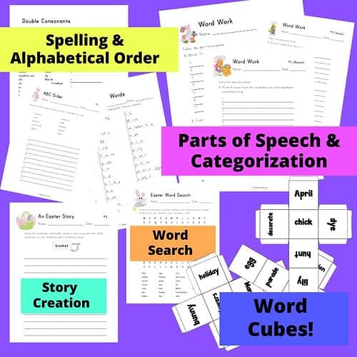 Easter Language Arts Activities for Homeschooling Easter vocabulary, grammar, and language arts activities for homeschool students, including word work, categorization, story creation, and word cubes.