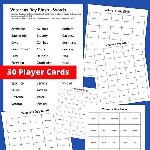 Printable Veterans Day Bingo game with 30 cards for educational and patriotic activities, perfect for homeschool lessons and classroom celebrations.