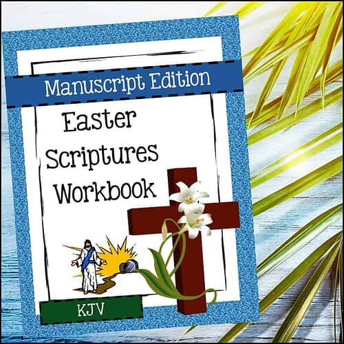 Easter Scriptures Workbook - Homeschool Resource Co. Cover of Easter Scriptures Workbook featuring a cross, lilies, and scripture references, designed for homeschooling religious education and Bible study.