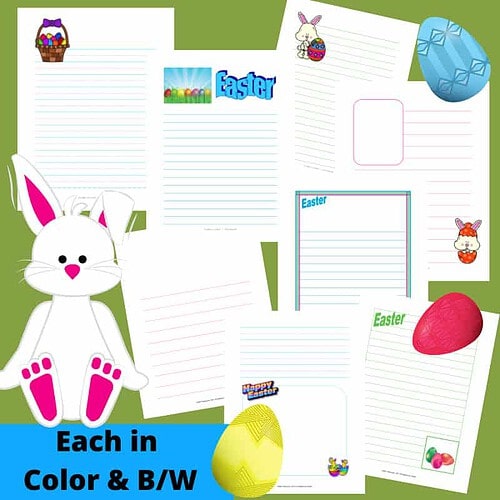 Colorful Easter-themed homeschool writing pages and activities for children, featuring bunnies, eggs, and festive designs for educational fun.