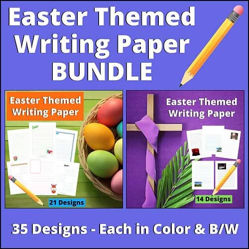 Collection of Easter-themed writing papers in various designs, available in color and black & white, perfect for holiday writing activities and crafts.