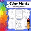 Color Words Easter Egg Practice Easter Egg color learning activity with printable worksheets for kids to practice identifying and coloring Easter eggs by color, including blue, red, yellow, green, purple, and orange.