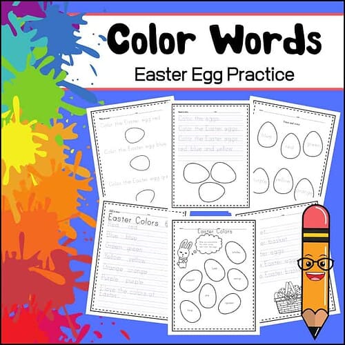 Easter Egg color learning activity with printable worksheets for kids to practice identifying and coloring Easter eggs by color, including blue, red, yellow, green, purple, and orange.
