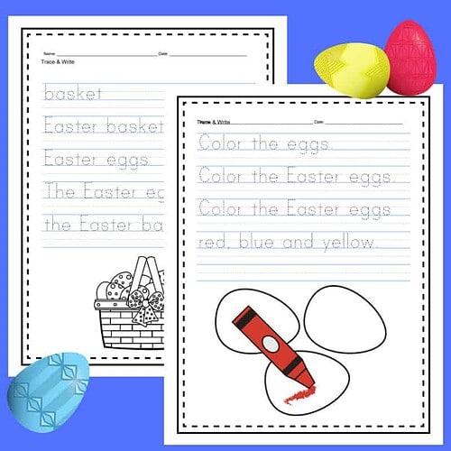 Easter-themed educational worksheet for children to practice color words and Easter vocabulary, featuring eggs and baskets for homeschool learning activities.