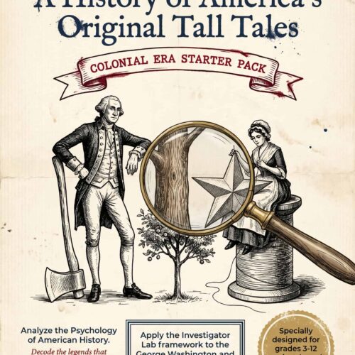 History of America’s Tall Tales Vintage illustration of colonial-era characters exploring American tall tales with a magnifying glass, emphasizing storytelling and history education.