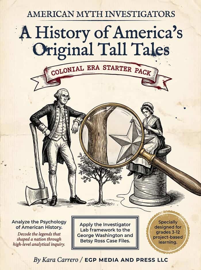 History of America’s Tall Tales Vintage illustration of colonial-era characters exploring American tall tales with a magnifying glass, emphasizing storytelling and history education.