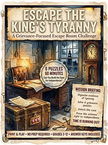 Escape the King's Tyranny Declaration Escape Room Grievances Activity Grades 3-12