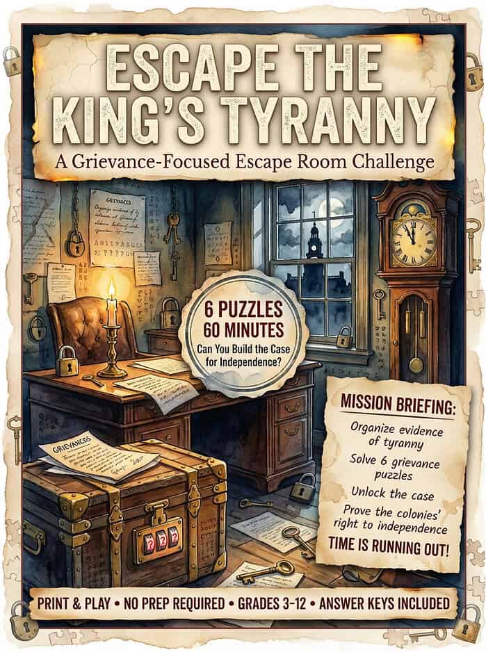 Escape the King's Tyranny Escape Room Cover Escape the King's Tyranny Declaration Escape Room Grievances Activity Grades 3-12