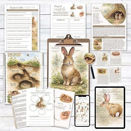 Detailed rabbit anatomy chart with lifecycle information for homeschooling and educational use.