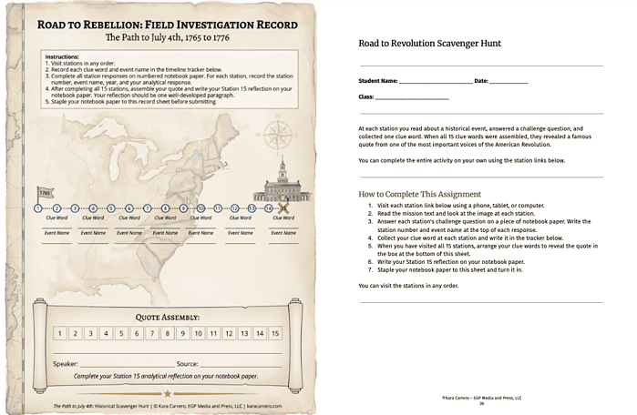 Homeschool Resource Co. Educational History Activity Homeschool resource image featuring a historical field investigation record and scavenger hunt worksheet for engaging history lessons.