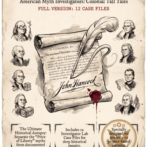 Historical document illustration of American colonists signing the Declaration of Independence.