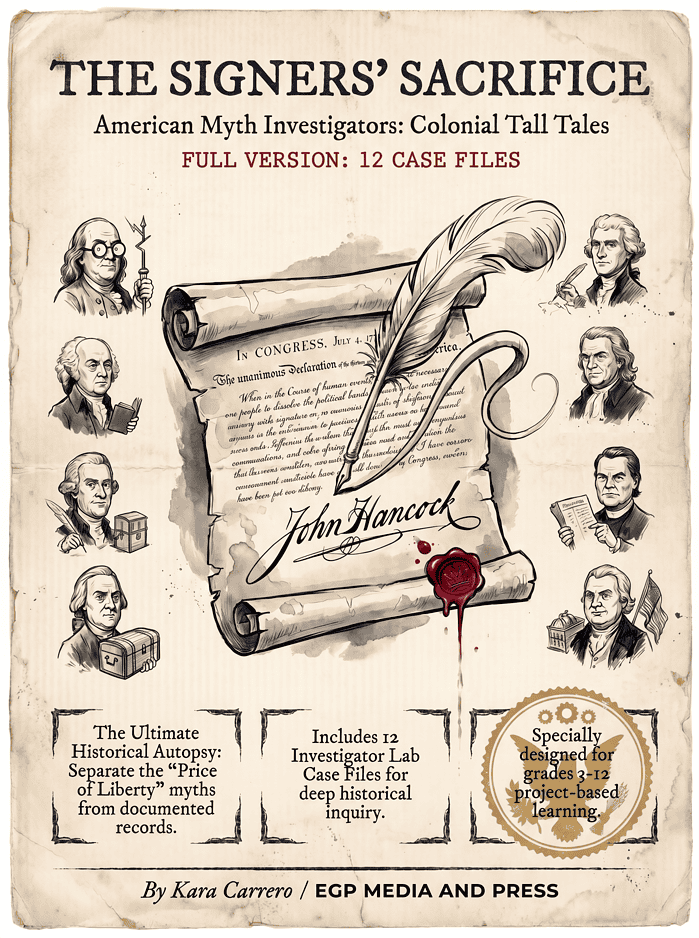 Homeschool Resource Co. - The Signers' Sacrifice Historical document illustration of American colonists signing the Declaration of Independence.