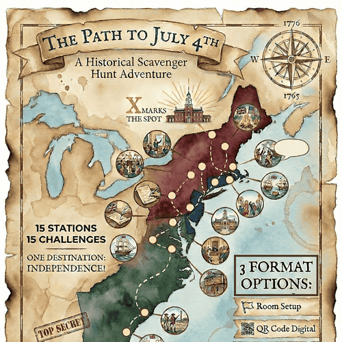 Path to July 4th Homeschool Scavenger Hunt Homeschool resource map for July 4th scavenger hunt with stations, challenges, and independence theme. Perfect for grades 3-12, includes cards, answer keys, and digital formats.