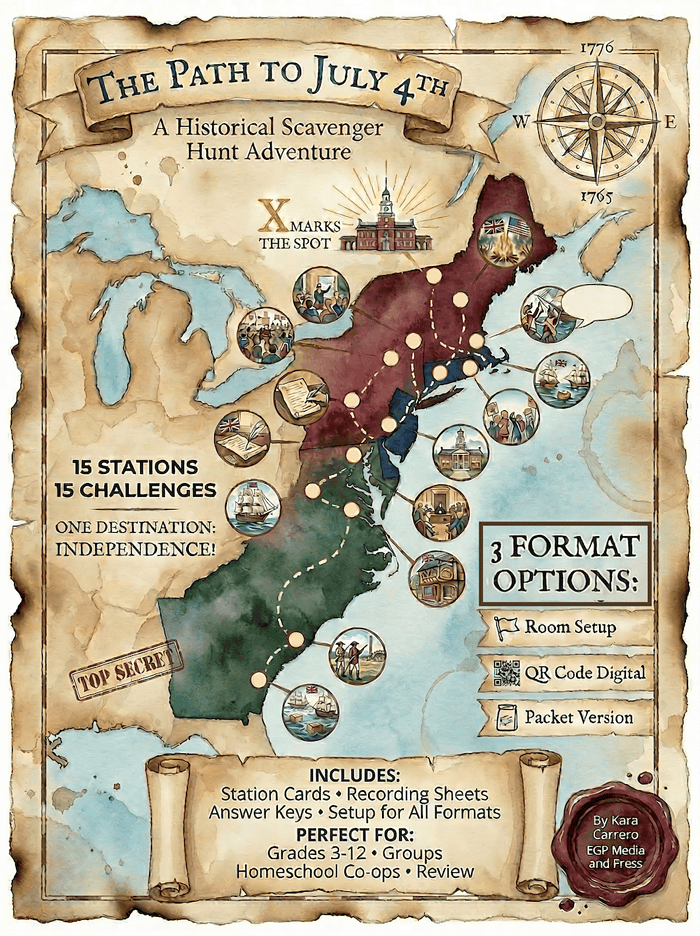 Path to July 4th Homeschool Scavenger Hunt Homeschool resource map for July 4th scavenger hunt with stations, challenges, and independence theme. Perfect for grades 3-12, includes cards, answer keys, and digital formats.