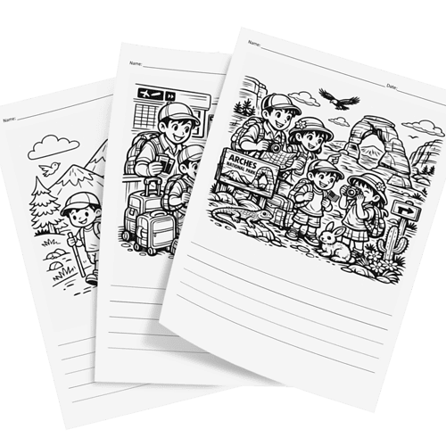 Homeschool Nature Exploration Pages Black and white homeschool activity pages featuring children exploring nature, with scenes of mountains, trees, and outdoor adventures for educational coloring and writing.