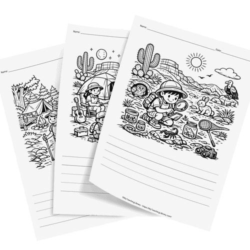 Camping Adventure Coloring Pages Black and white camping-themed coloring pages featuring children, tents, campfires, and nature scenes, perfect for homeschool activities and outdoor learning.