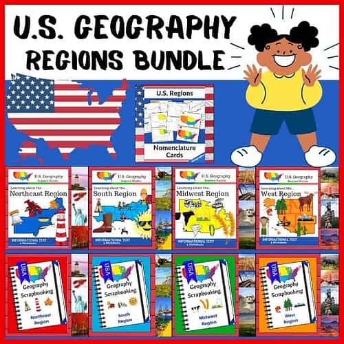 U.S. Geography Regions Bundle Educational U.S. geography regions bundle featuring maps, cards, and scrapbooking materials for homeschool learning. Perfect for teaching U.S. regions and states.