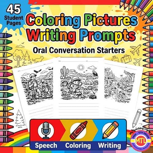 Printable coloring pages and writing prompts for homeschool students, featuring oral conversation starters to enhance speech, coloring, and writing skills.
