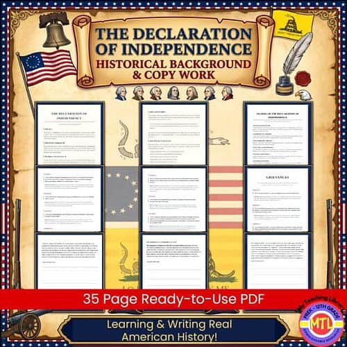 Detailed image of a colorful educational poster featuring the Declaration of Independence, historical background, and copy work for homeschooling and American history lessons.