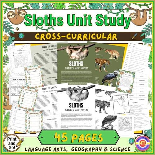 Sloths Unit Study - Homeschool Resource Co. Educational sloths unit study with activities, worksheets, and facts for homeschooling in language arts, geography, and science.
