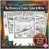 Educational train history coloring and writing activity for kids, featuring eight pages of train illustrations and historical facts to enhance learning and creativity.