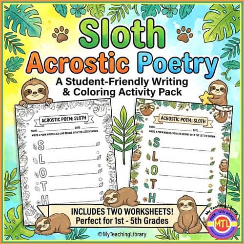 Engaging sloth-themed acrostic poetry and coloring activity pack for students in grades 1-5, promoting creative writing and fun learning.