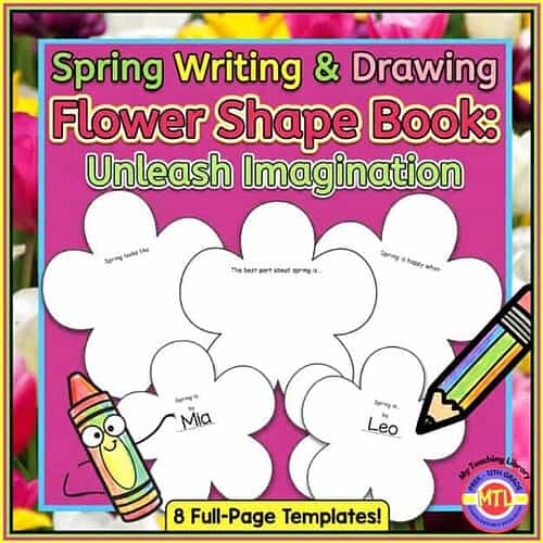 Educational spring-themed writing and drawing activity featuring flower-shaped templates for kids to explore creativity and learning.