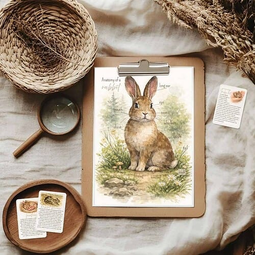 Rabbit Anatomy Educational Poster for Homeschool Learning Educational poster illustrating the anatomy of a rabbit, including parts like ears, eyes, nose, and paws, ideal for homeschool science lessons and animal studies.