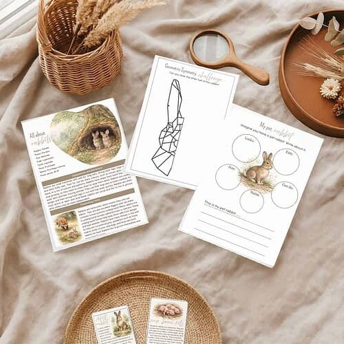 Homeschool Nature Learning Materials Collection of homeschool nature learning worksheets and activities, including animal facts, geometric challenges, and rabbit-themed educational printables for kids.